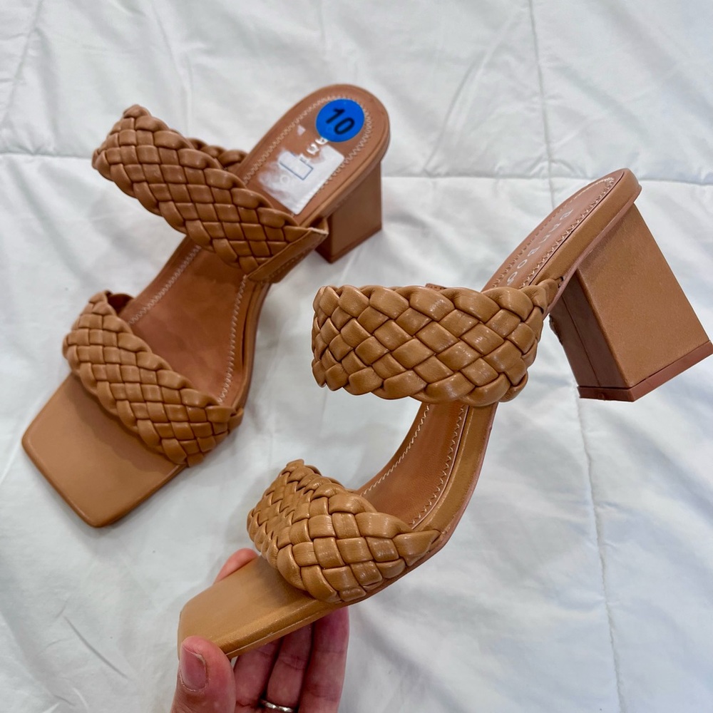 Womens Tan Braided Strappy Square Open Toe Slip On Chunky Heeled Sandals Size 10 - Picture 6 of 12